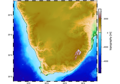 Topography and bathymetry of Southern Africa